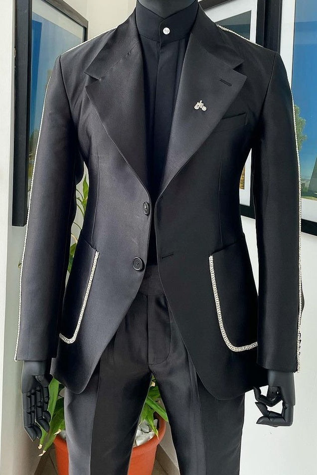 Fashion Black Wide Lapel Patch Pockets Men's Suit with White Seam Edges