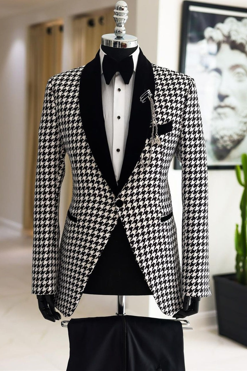 Generous Black And White Houndstooth Shawl Lapel Prom Men Suits