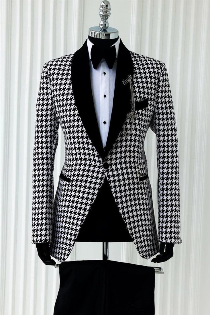 Generous Black And White Houndstooth Shawl Lapel Prom Men Suits