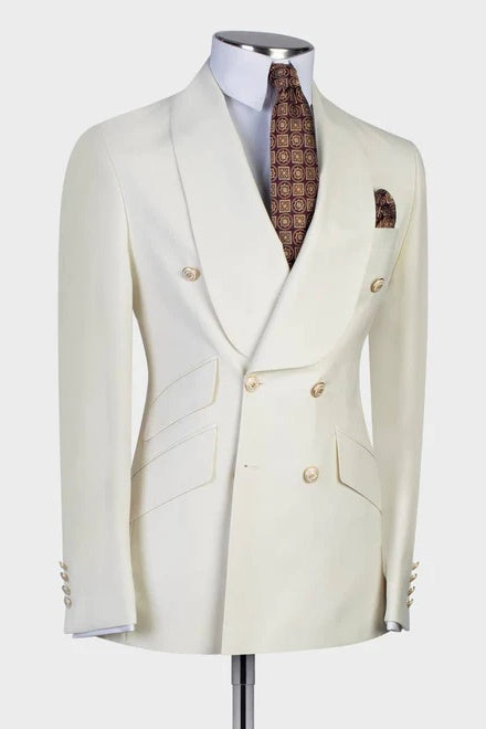 Stylish Off-white Double Breasted Shawl Lapel Prom Men Suits