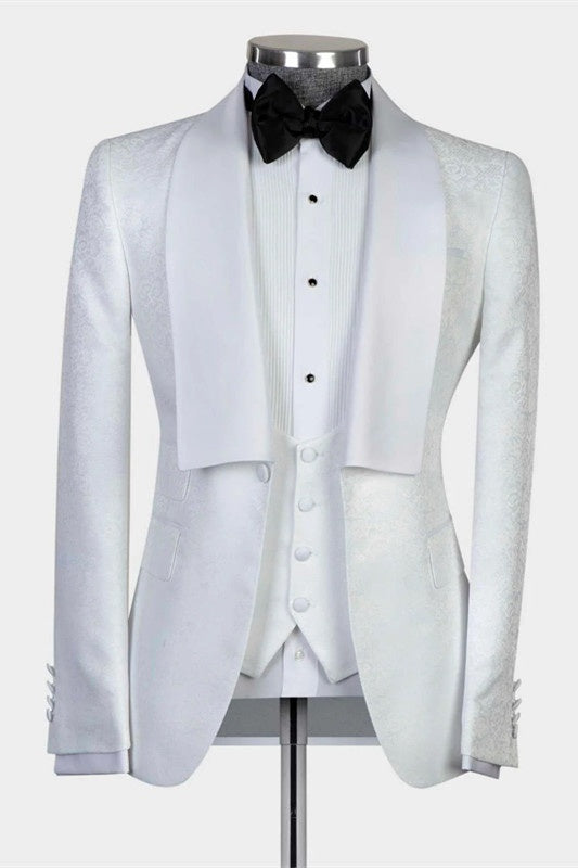 Mild White Jacquard 3 Pieces Shawl Lapel Wedding Men Suits