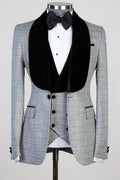 Newest Light Gray Plaid Three Pieces Prom Suits With Black Velvet Lapel