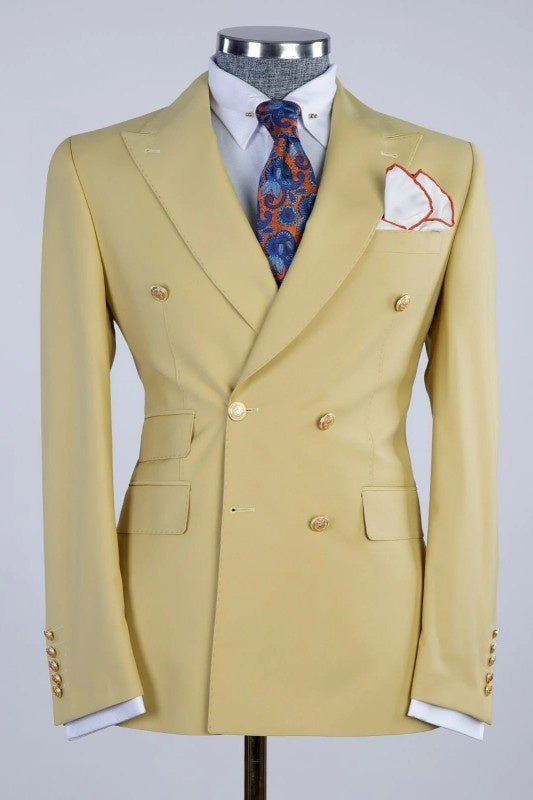 Fashion Yellow Double Breasted Peaked Lapel Prom Suits