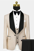 Bespoke Light Champagne Jacquard 3 Pieces Wedding Suits With Black Lapel