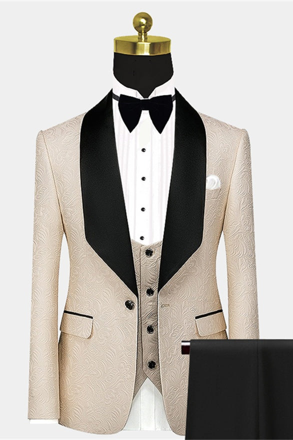 Bespoke Light Champagne Jacquard 3 Pieces Wedding Suits With Black Lapel