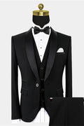 Trendy Black 3 Pieces Wedding Suits With Black Satin Lapel