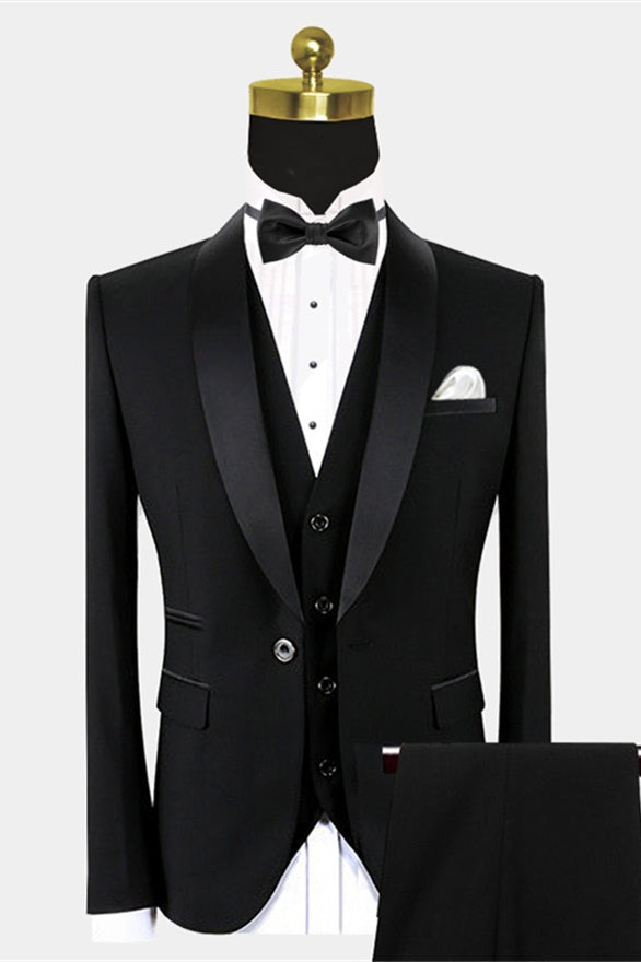 Trendy Black 3 Pieces Wedding Suits With Black Satin Lapel