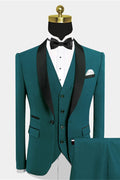 Stylish Teal 3 Pieces Wedding Suits With Black Satin Lapel