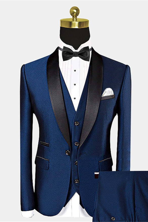 Gentle Dark Blue 3 Pieces Shawl Lapel Wedding Suits With Waistcoat