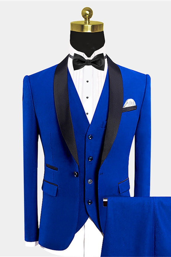Fashion Royal Blue 3 Pieces Shawl Lapel Prom Men Suits