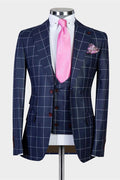 Bespoke Navy Blue Plaid Three Pieces Business Suits With Vest