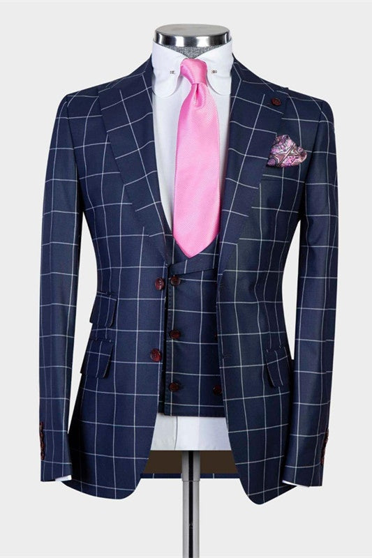 Bespoke Navy Blue Plaid Three Pieces Business Suits With Vest