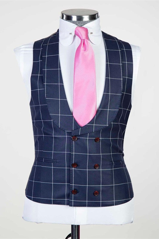 Bespoke Navy Blue Plaid Three Pieces Business Suits With Vest