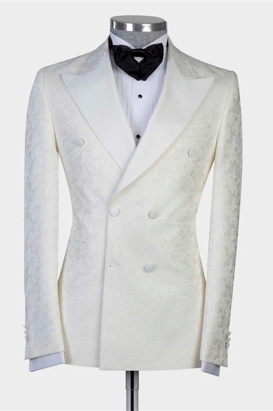 Charming Off-white Jacquard Double Breasted Prom Suits