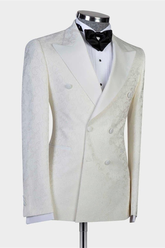 Charming Off-white Jacquard Double Breasted Prom Suits