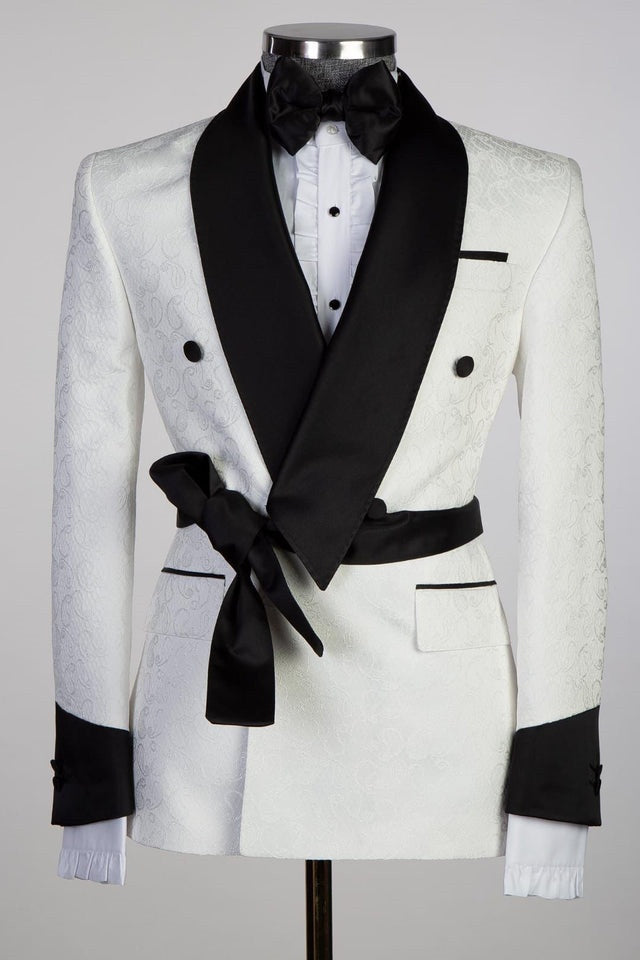 Fashion White Double Breasted Shawl Lapel Jacquard Wedding Men Suits