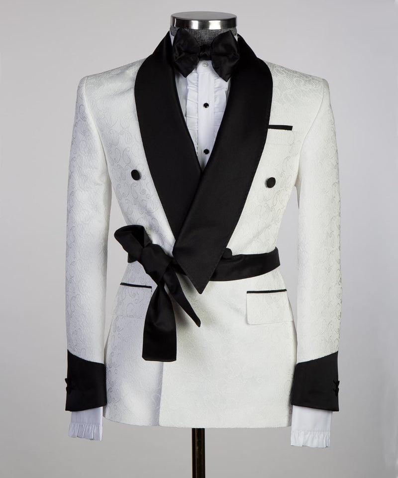 Fashion White Double Breasted Shawl Lapel Jacquard Wedding Men Suits