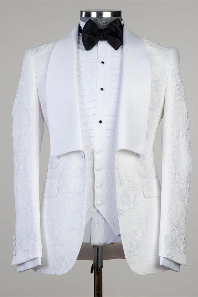 Stylish White Three Pieces Jacquard Best Fitted Wedding Suits