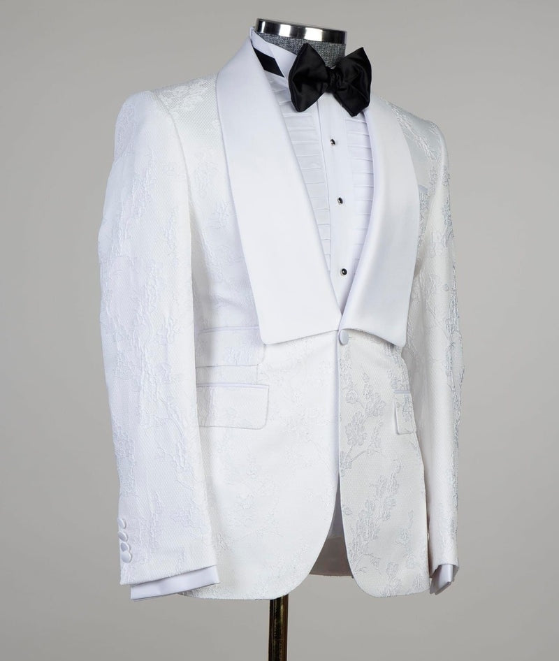 Stylish White Three Pieces Jacquard Best Fitted Wedding Suits