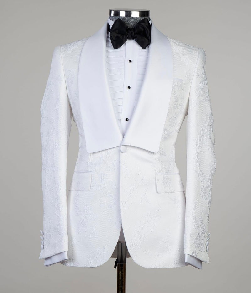 Stylish White Three Pieces Jacquard Best Fitted Wedding Suits