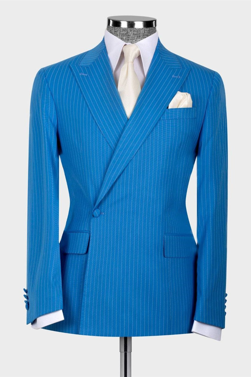Handsome Sky Blue Pinstriped Slim Fit Prom Men Suits