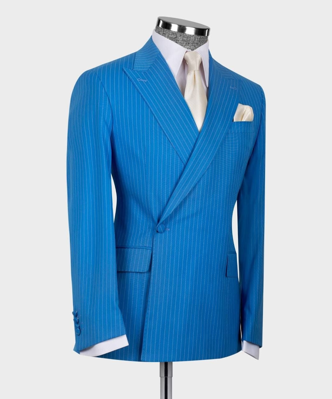 Handsome Sky Blue Pinstriped Slim Fit Prom Men Suits