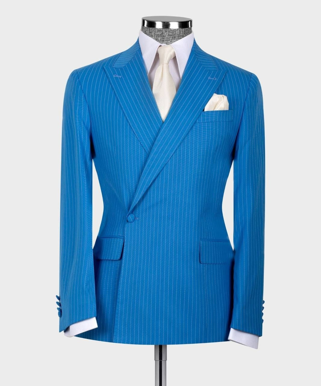 Handsome Sky Blue Pinstriped Slim Fit Prom Men Suits