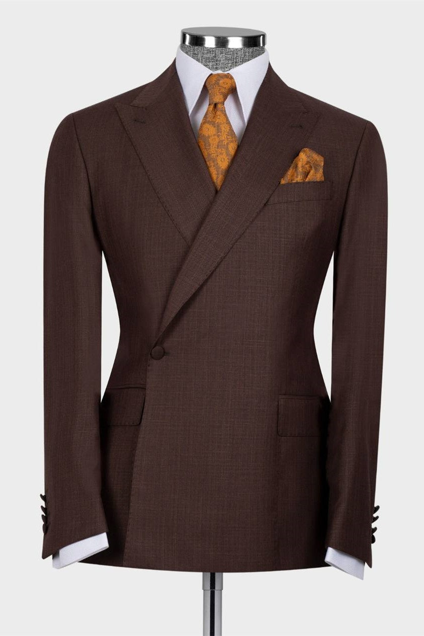 Modern Brown One Button Peaked Lapel Close Fitting Men Suits