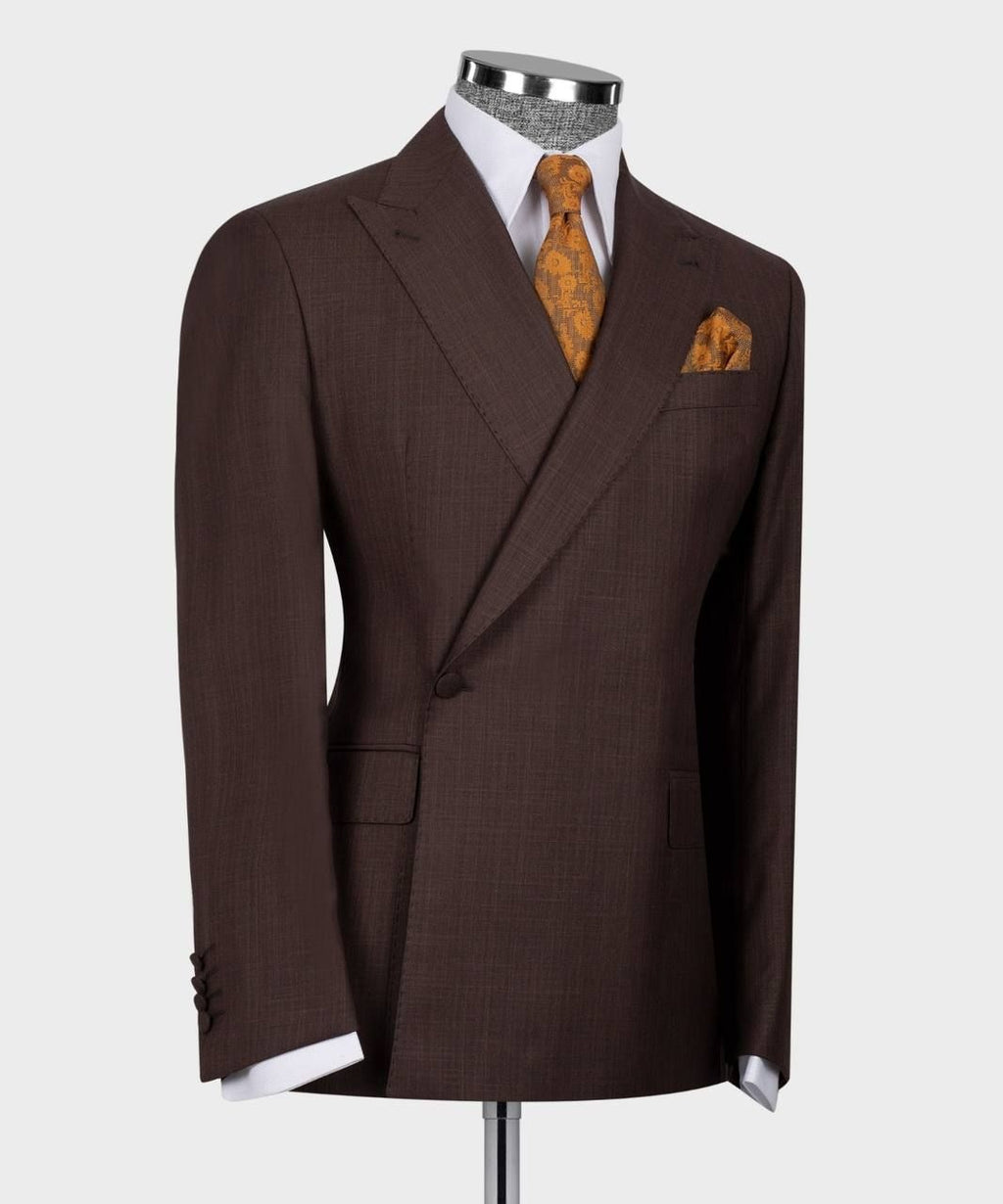 Modern Brown One Button Peaked Lapel Close Fitting Men Suits