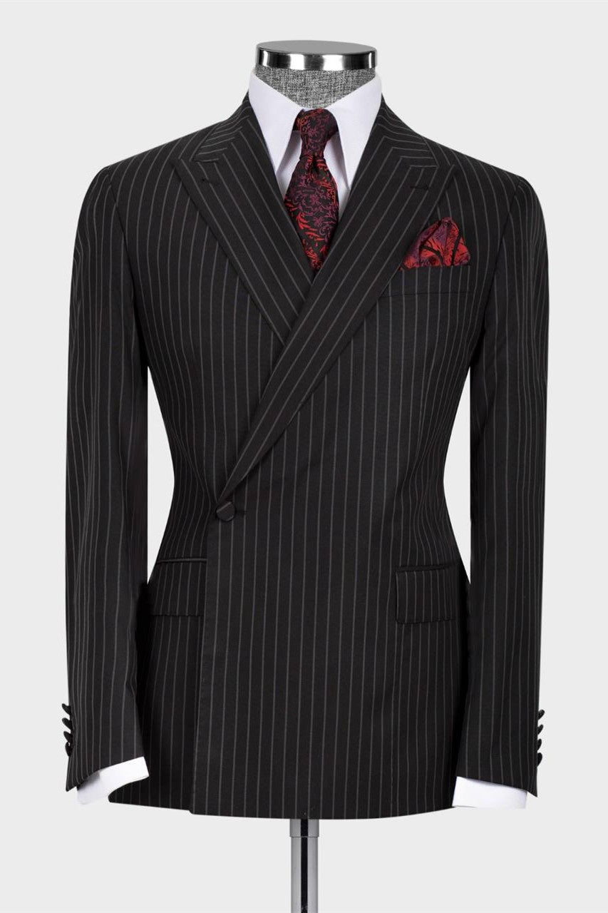 Fancy Black Pinstriped Peaked Lapel Best Fitted Business Suits