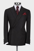 Fancy Black Pinstriped Peaked Lapel Best Fitted Business Suits