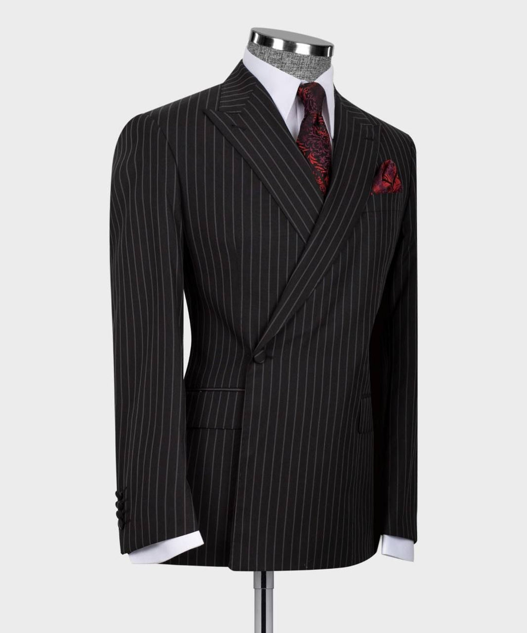 Fancy Black Pinstriped Peaked Lapel Best Fitted Business Suits