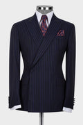 Trendy Dark Navy One Button Striped Peaked Lapel Men Suits