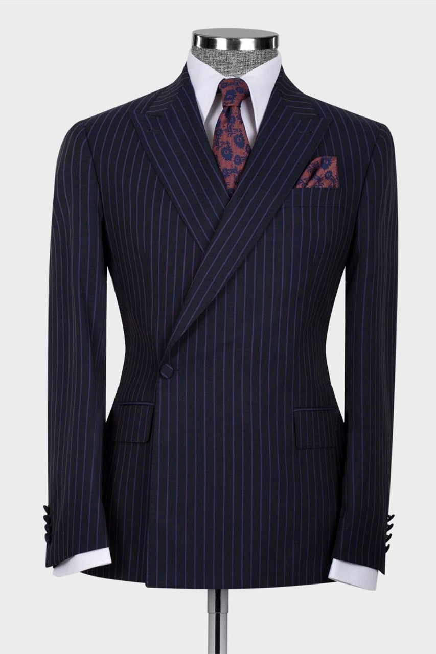 Trendy Dark Navy One Button Striped Peaked Lapel Men Suits