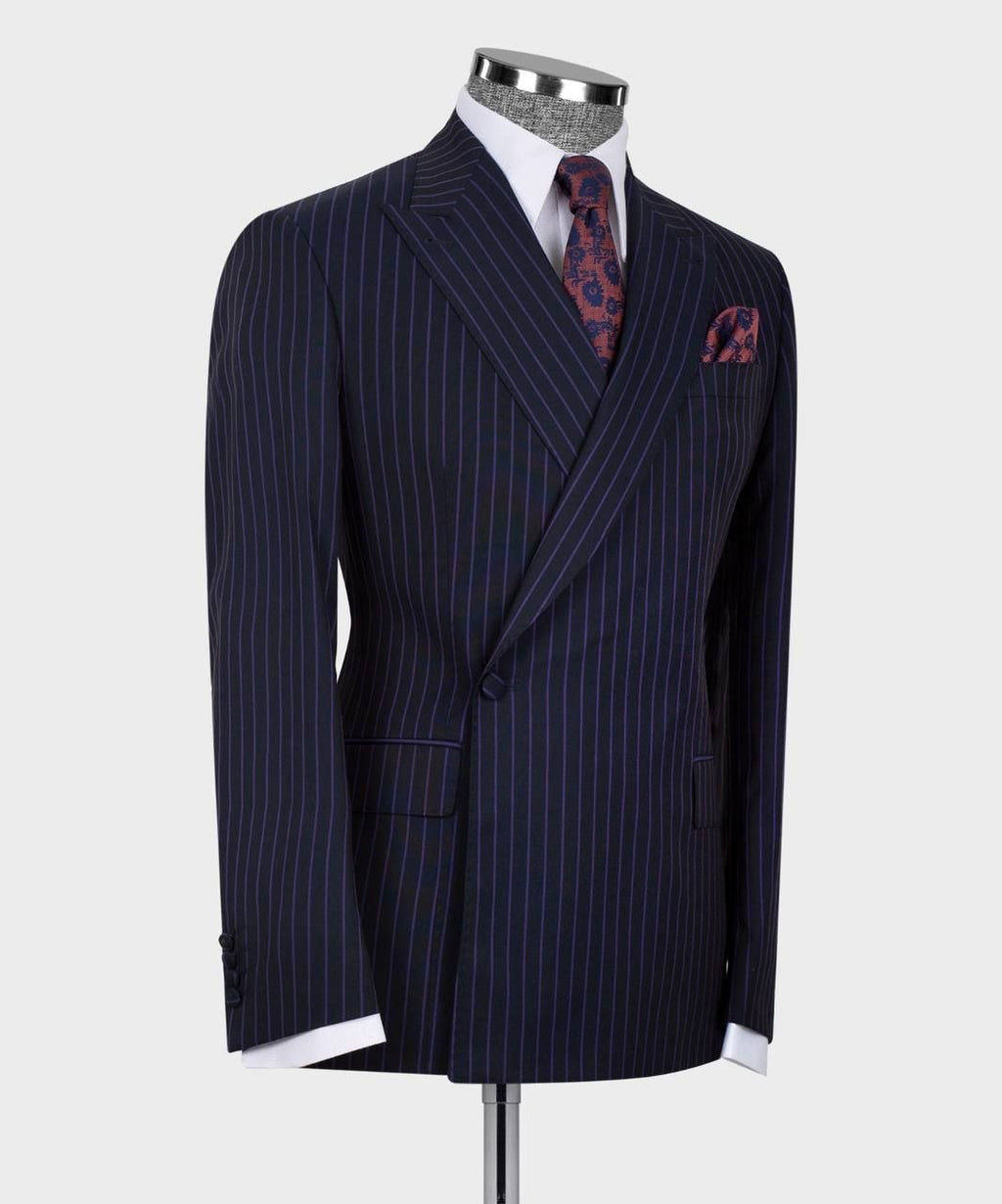 Trendy Dark Navy One Button Striped Peaked Lapel Men Suits