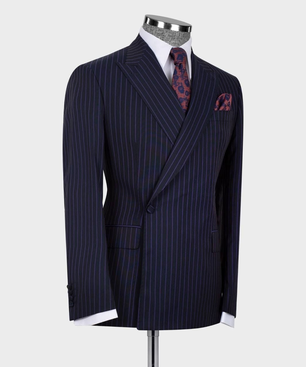 Trendy Dark Navy One Button Striped Peaked Lapel Men Suits