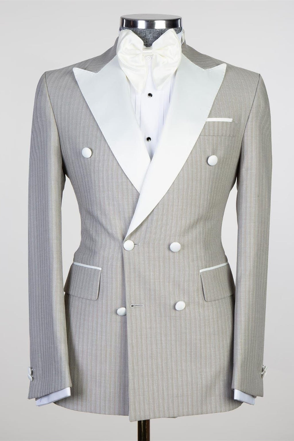 Chic Light Gray Double Breasted Striped Business Suits