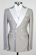 Chic Light Gray Double Breasted Striped Business Suits