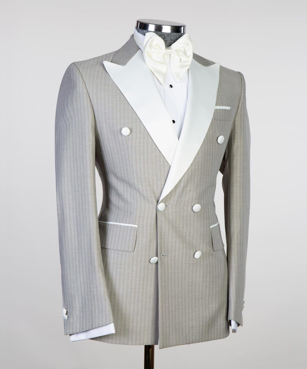 Chic Light Gray Double Breasted Striped Business Suits