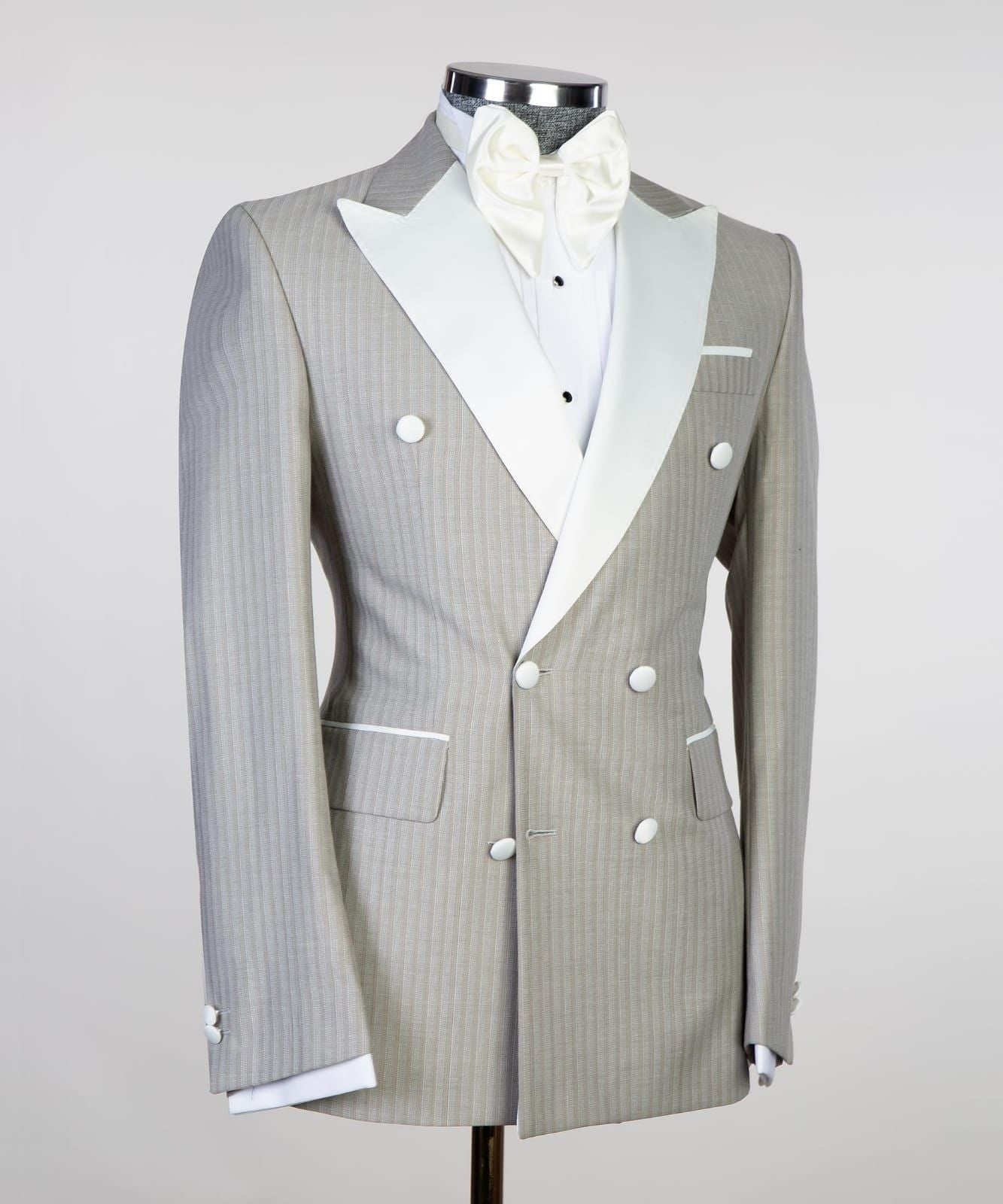 Chic Light Gray Double Breasted Striped Business Suits