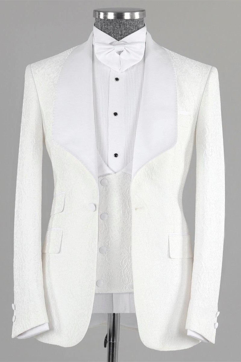 Newest White Jacquard Three Pieces Shawl Lapel Wedding Suits