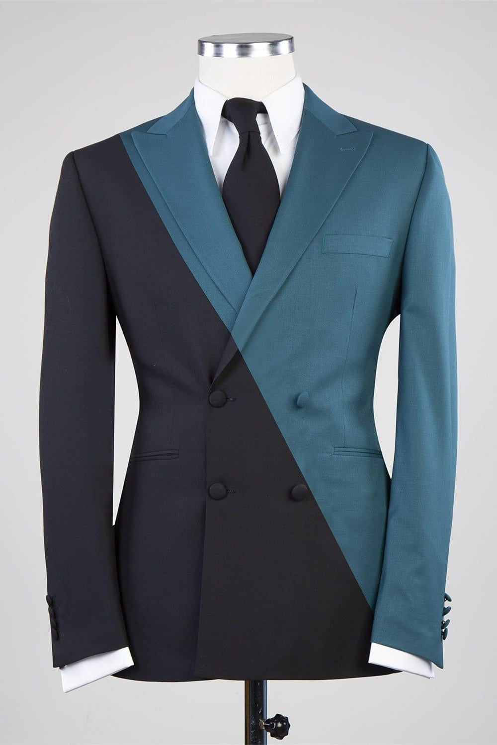 Generous Dark Blue And Black Double Breasted Peaked Lapel Men Suits
