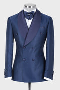 Stylish Navy Blue Plaid Double Breasted Prom Suits