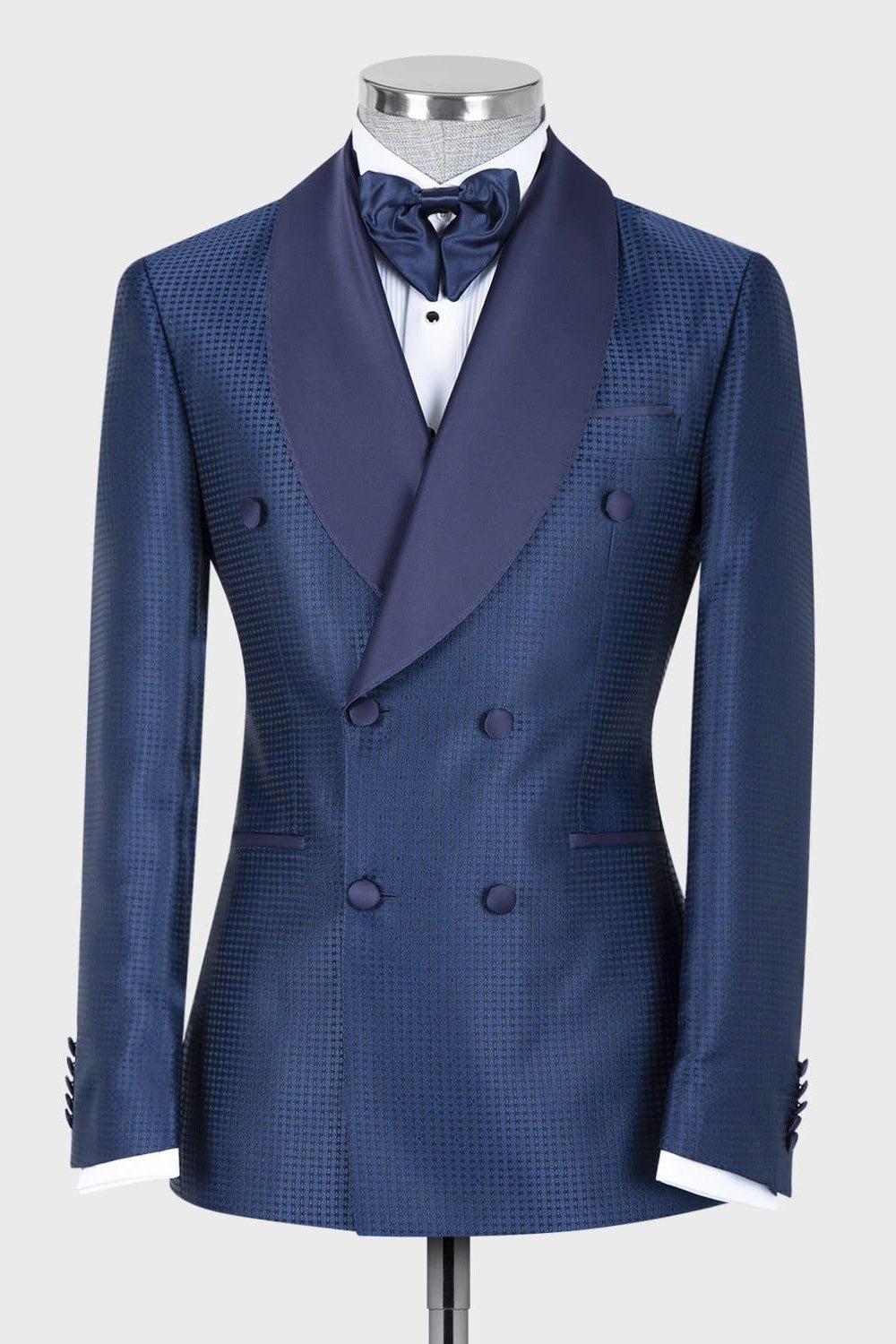 Stylish Navy Blue Plaid Double Breasted Prom Suits