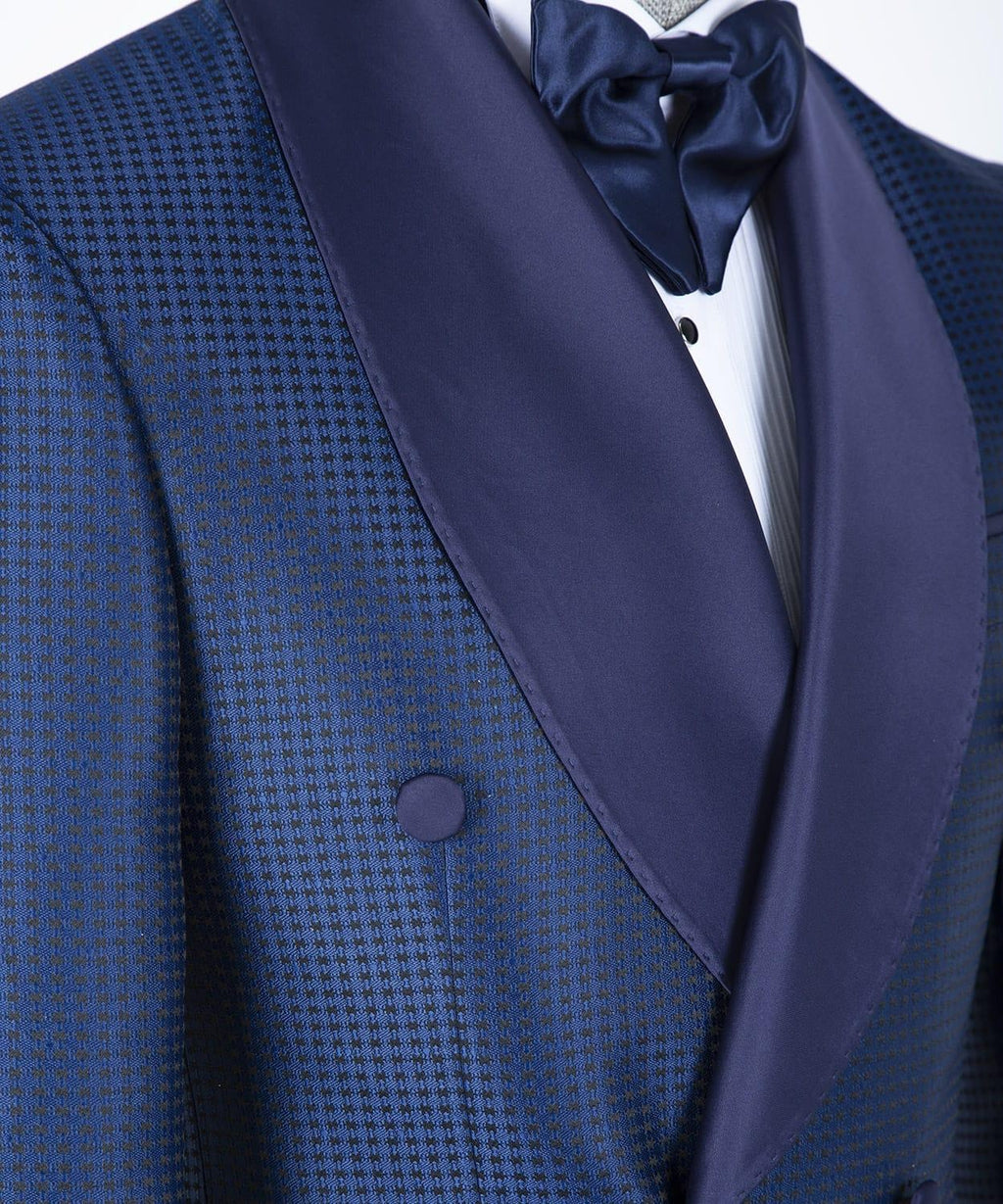 Stylish Navy Blue Plaid Double Breasted Prom Suits