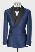 Charming Navy Blue Plaid Double Breasted Prom Suits With Black Lapel