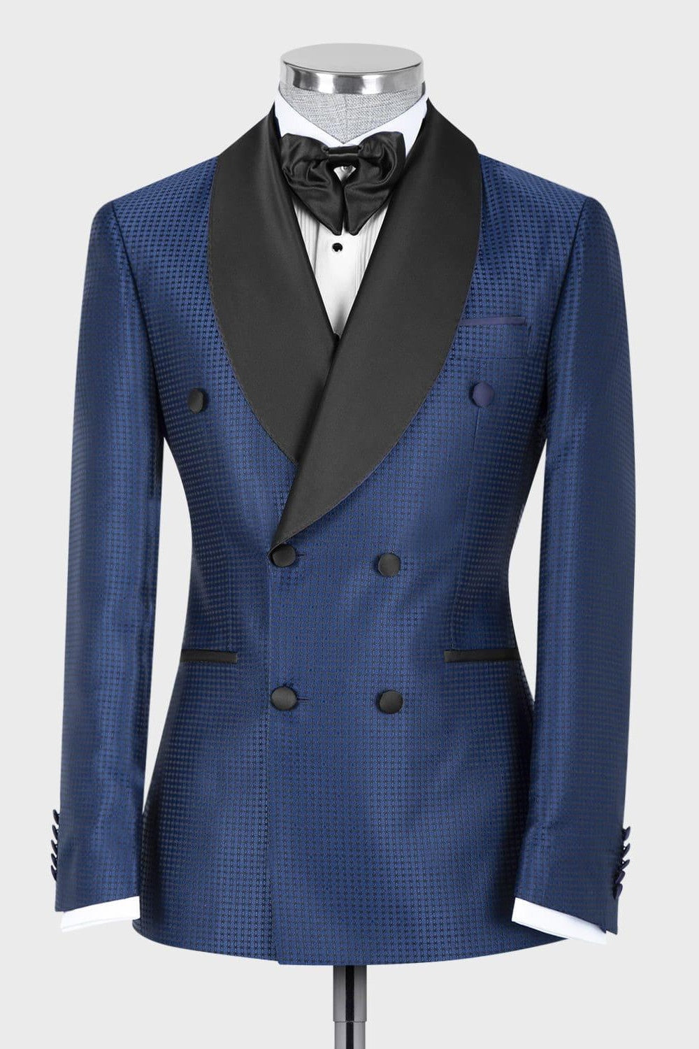 Charming Navy Blue Plaid Double Breasted Prom Suits With Black Lapel