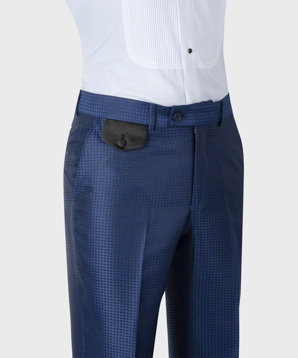 Charming Navy Blue Plaid Double Breasted Prom Suits With Black Lapel