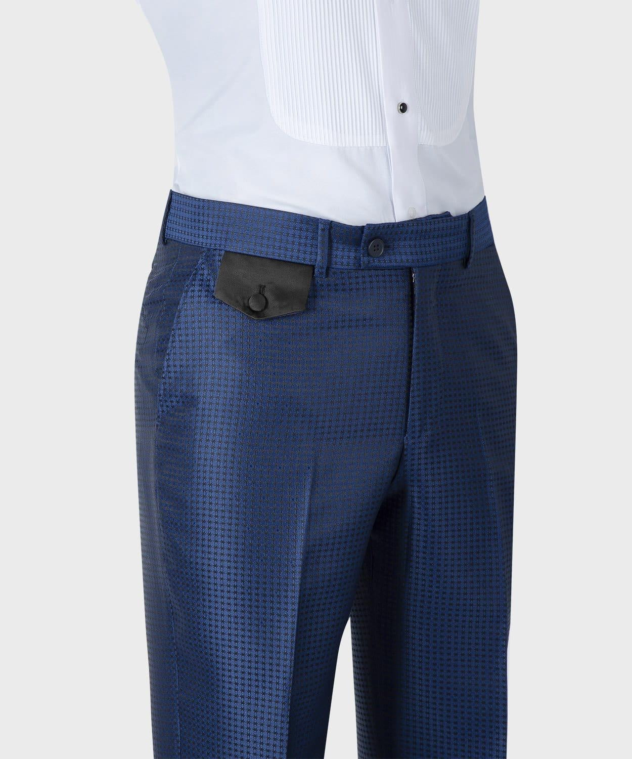 Charming Navy Blue Plaid Double Breasted Prom Suits With Black Lapel