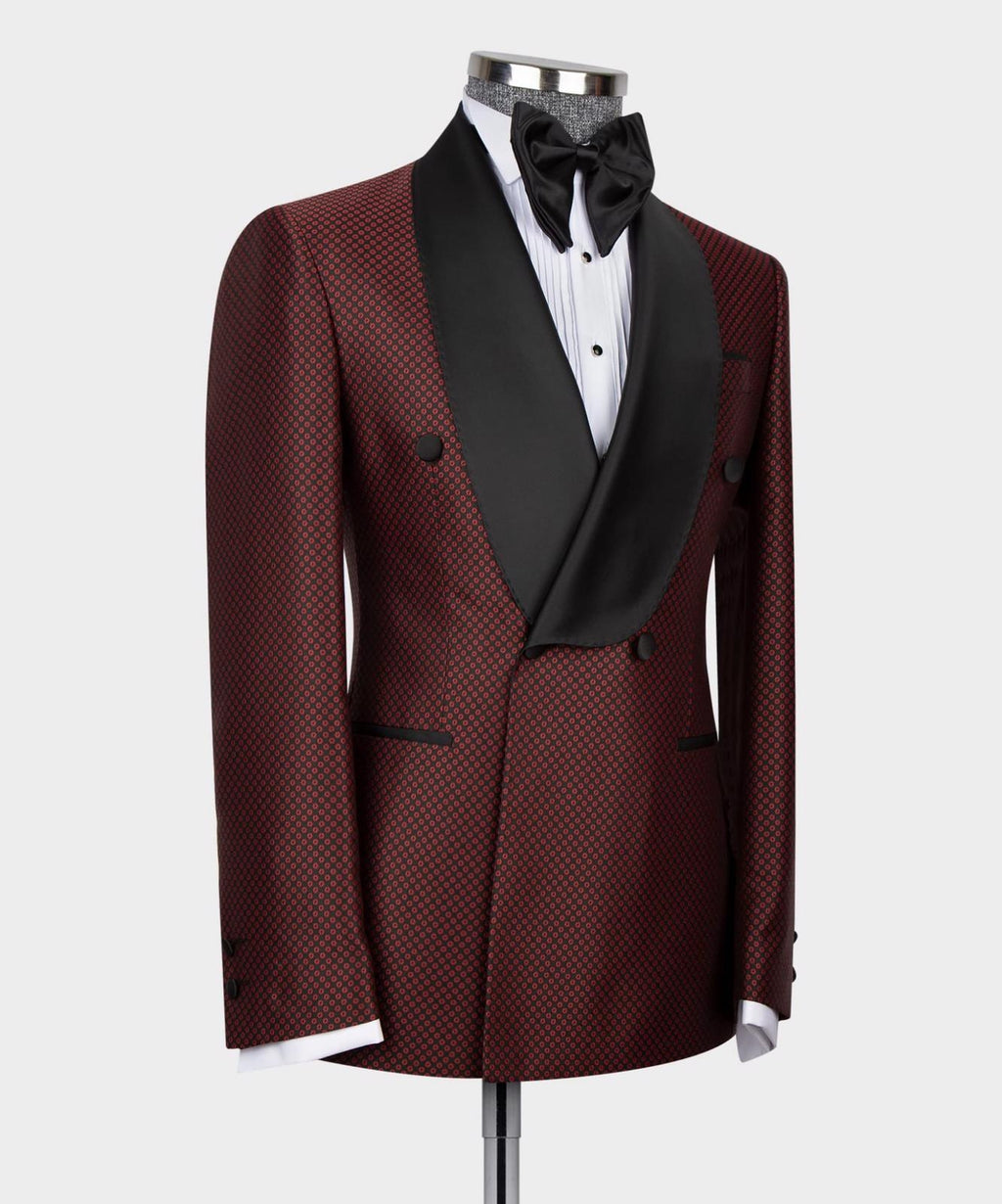 Classy Burgundy Double Breasted Jacquard Men's Suits For Prom